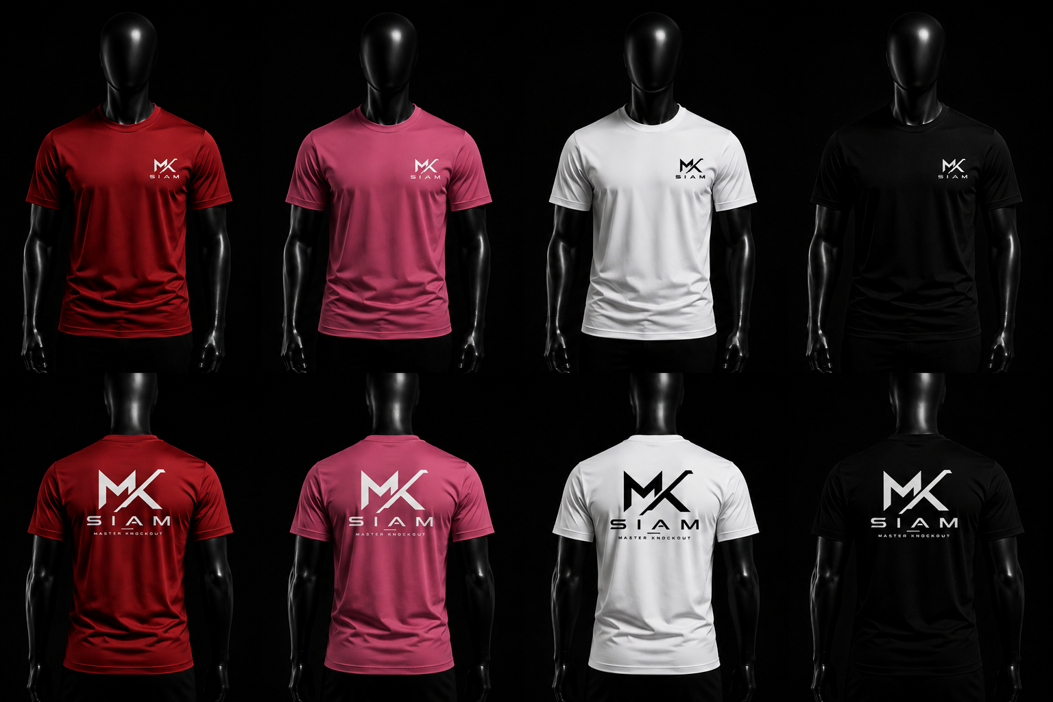 Gamme complète de t-shirts MK SIAM : noir, blanc, rouge et rose